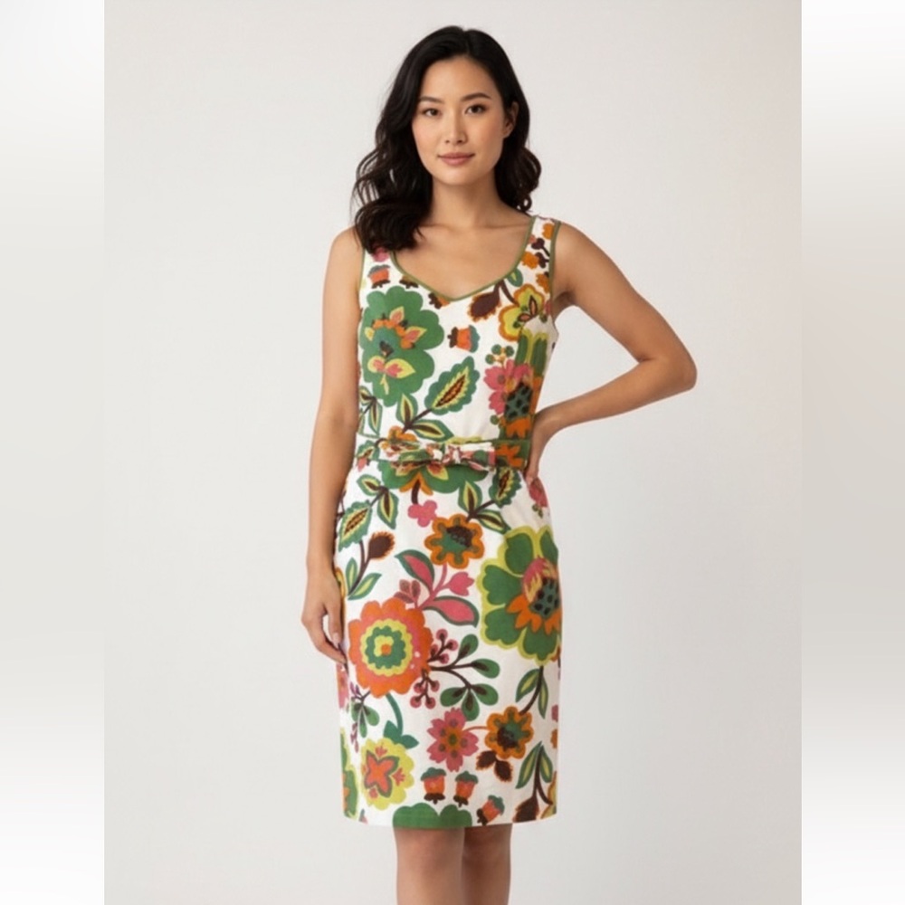 RETRO/VINTAGE STYLE‎ BODEN FLORAL DRESS SCOOP NECK SIDE ZIP WAIST TAB PANELS